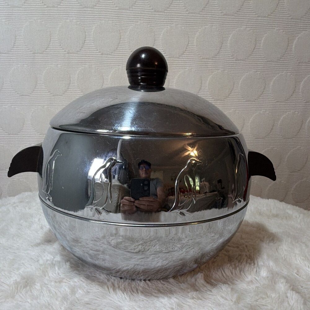 Vintage West Bend Penguin Ice Bucket Hot Cold Server Chrome Bakelite MCM